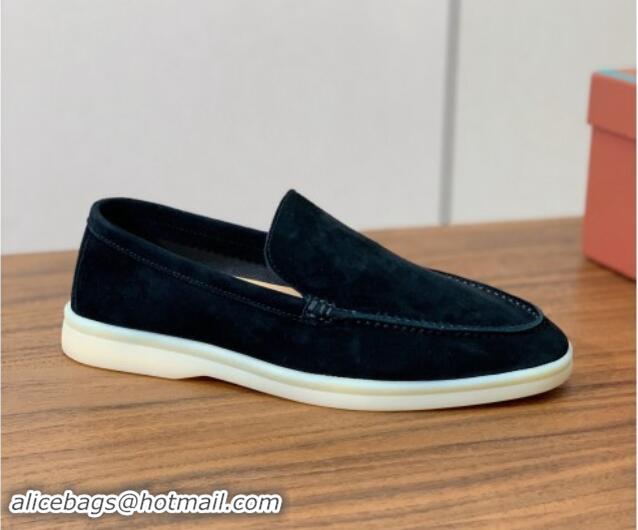 Most Popular Loro Piana Suede Flat Loafers Black 812085