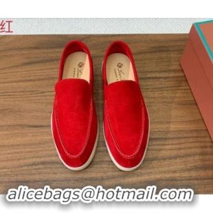 Grade Quality Loro Piana Suede Flat Loafers Bright Red 812086