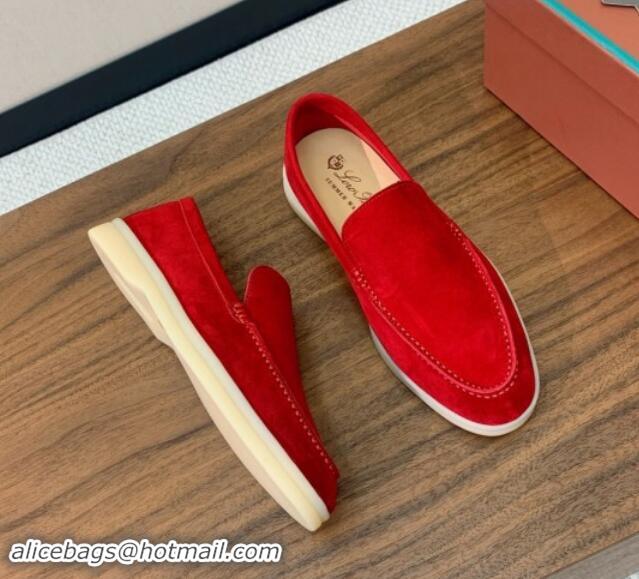 Grade Quality Loro Piana Suede Flat Loafers Bright Red 812086