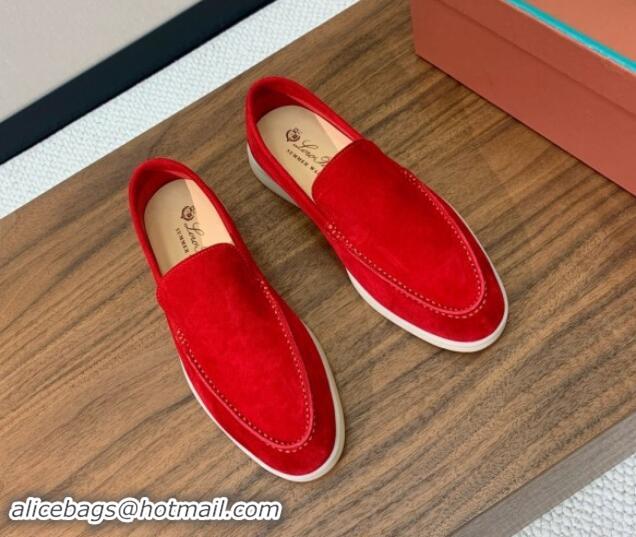 Grade Quality Loro Piana Suede Flat Loafers Bright Red 812086