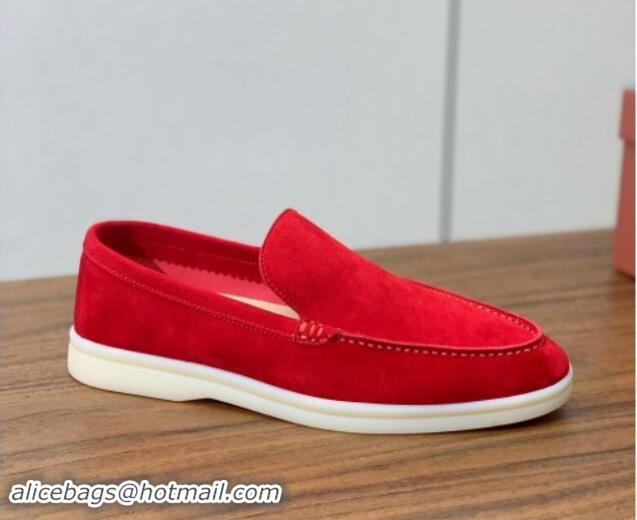 Grade Quality Loro Piana Suede Flat Loafers Bright Red 812086