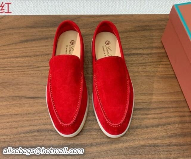 Grade Quality Loro Piana Suede Flat Loafers Bright Red 812086