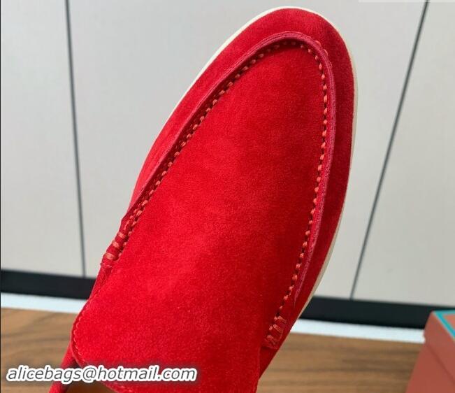 Grade Quality Loro Piana Suede Flat Loafers Bright Red 812086