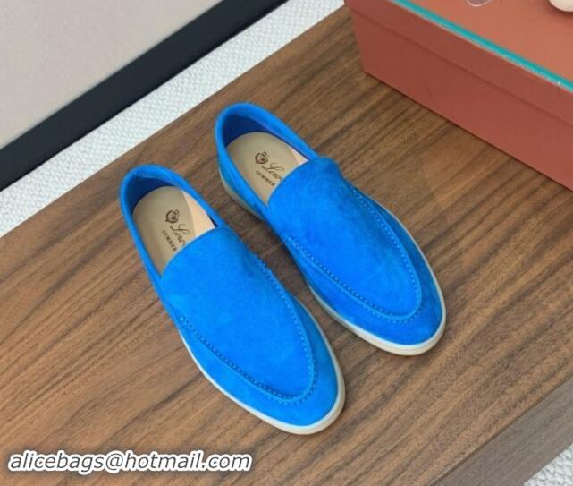 Best Grade Loro Piana Suede Flat Loafers Peacock Blue 812087