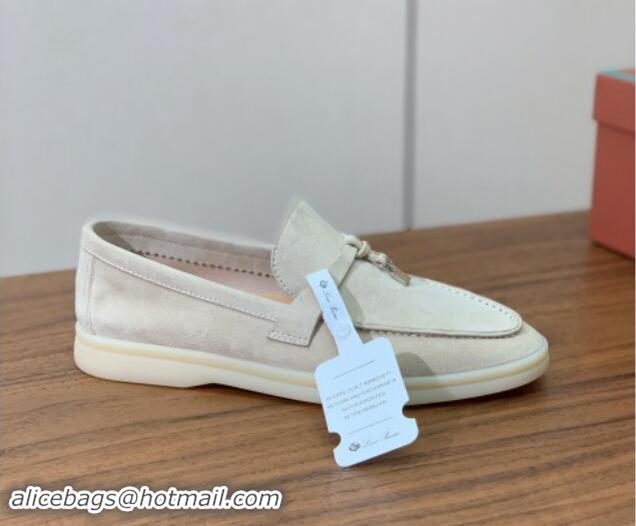 Top Grade Loro Piana Suede Flat Loafers with Charm Pale Grey 812090