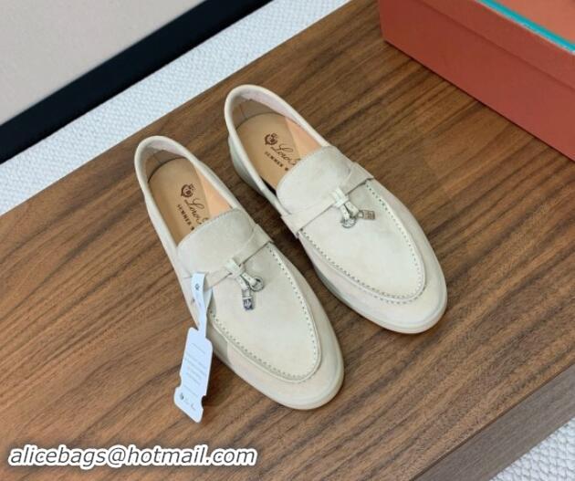 Top Grade Loro Piana Suede Flat Loafers with Charm Pale Grey 812090