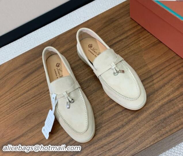 Top Grade Loro Piana Suede Flat Loafers with Charm Pale Grey 812090