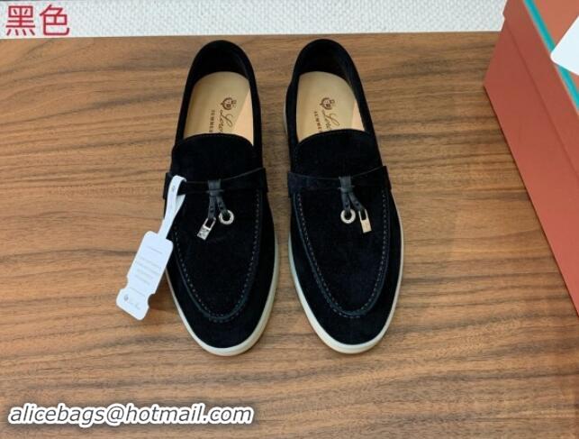 Shop Cheap Loro Piana Suede Flat Loafers with Charm Black 812091