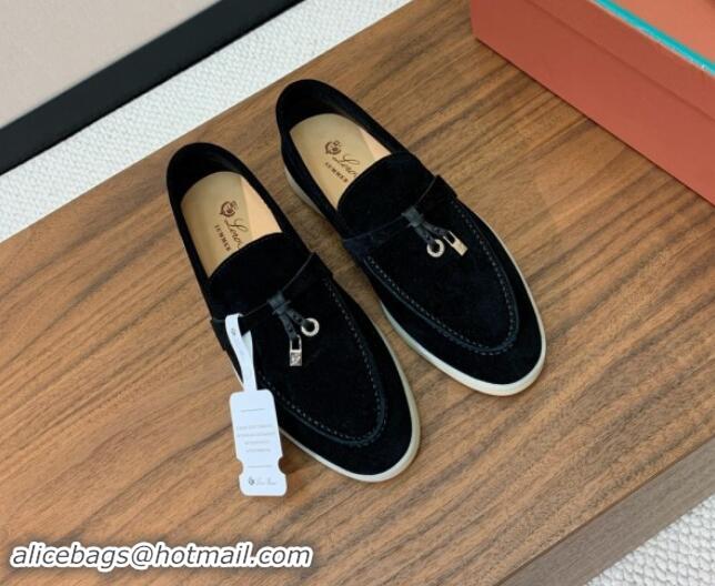 Shop Cheap Loro Piana Suede Flat Loafers with Charm Black 812091