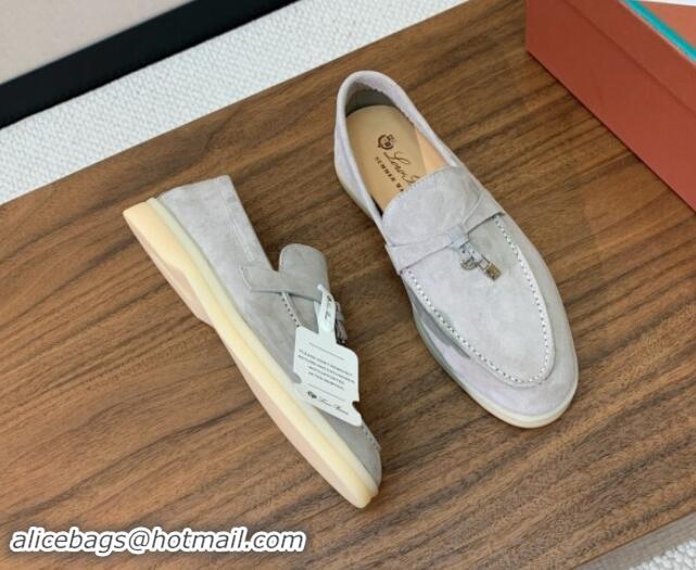 Popular Style Loro Piana Suede Flat Loafers with Charm Pearly Grey 812092