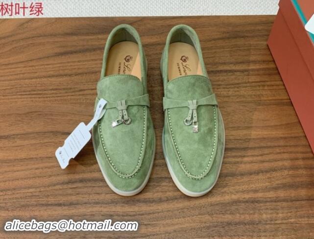 Good Looking Loro Piana Suede Flat Loafers with Charm Leaf Green 812093