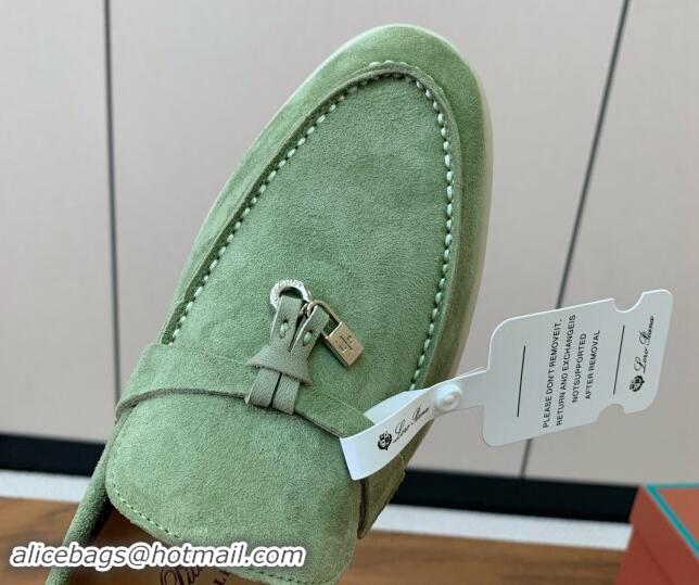 Good Looking Loro Piana Suede Flat Loafers with Charm Leaf Green 812093