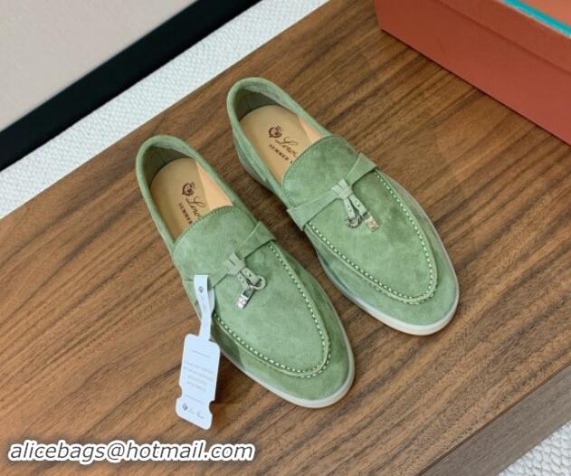 Good Looking Loro Piana Suede Flat Loafers with Charm Leaf Green 812093