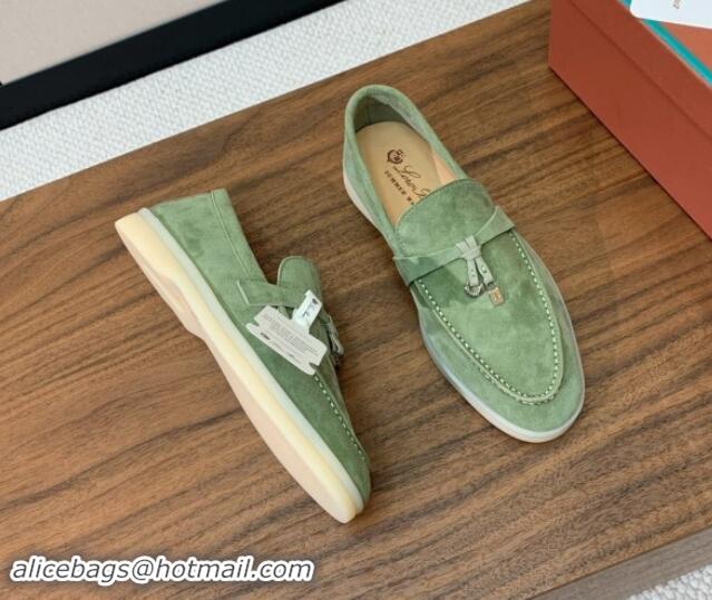 Good Looking Loro Piana Suede Flat Loafers with Charm Leaf Green 812093