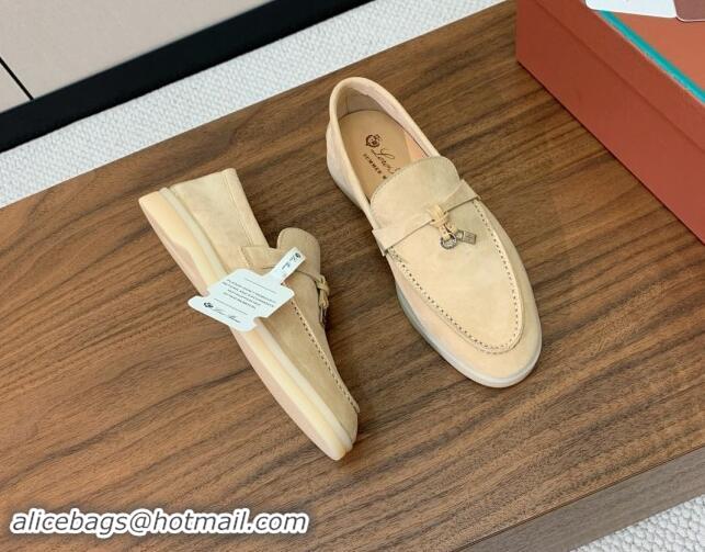 Fashion Loro Piana Suede Flat Loafers with Charm 387Apricot 812094