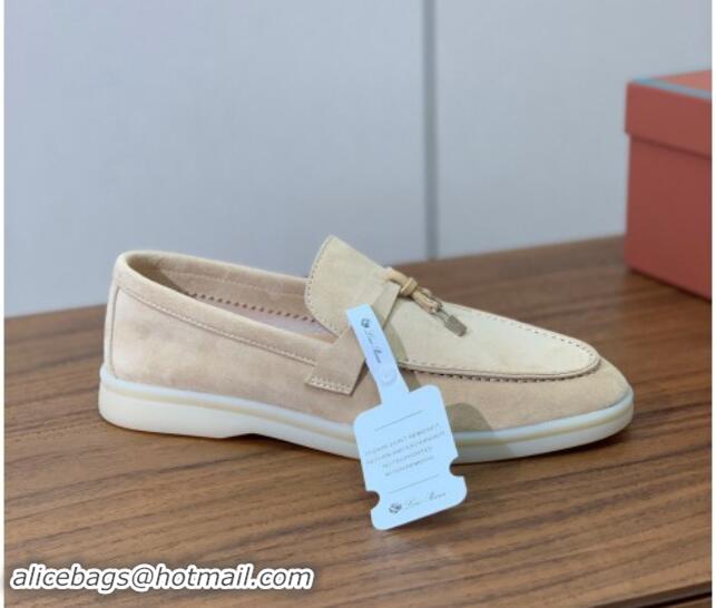 Fashion Loro Piana Suede Flat Loafers with Charm 387Apricot 812094