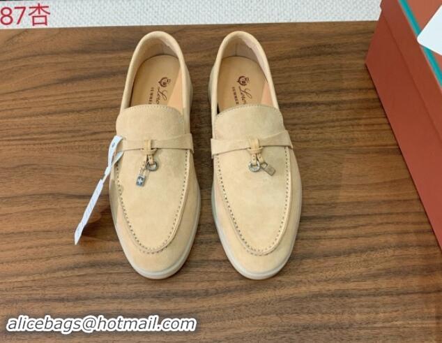 Fashion Loro Piana Suede Flat Loafers with Charm 387Apricot 812094