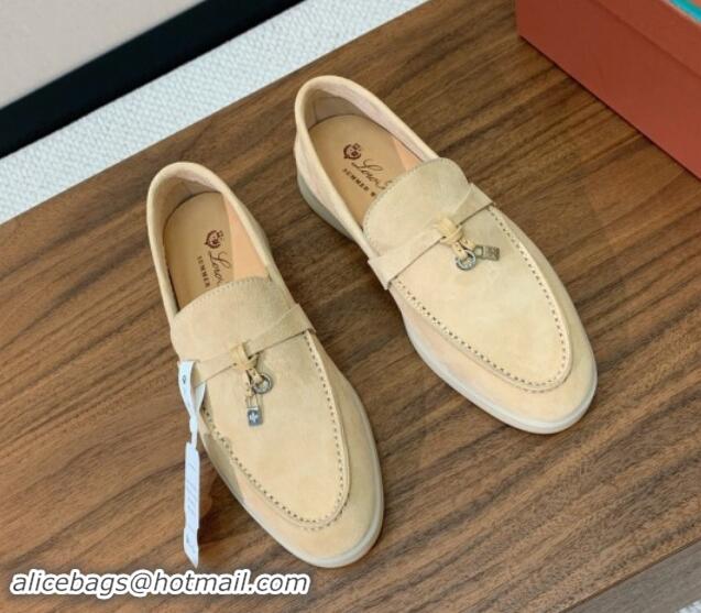 Fashion Loro Piana Suede Flat Loafers with Charm 387Apricot 812094