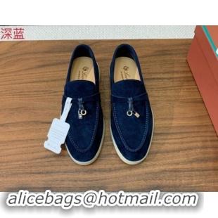 Leisure Loro Piana Suede Flat Loafers with Charm Deep Blue 0812096