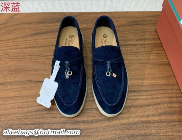 Leisure Loro Piana Suede Flat Loafers with Charm Deep Blue 0812096