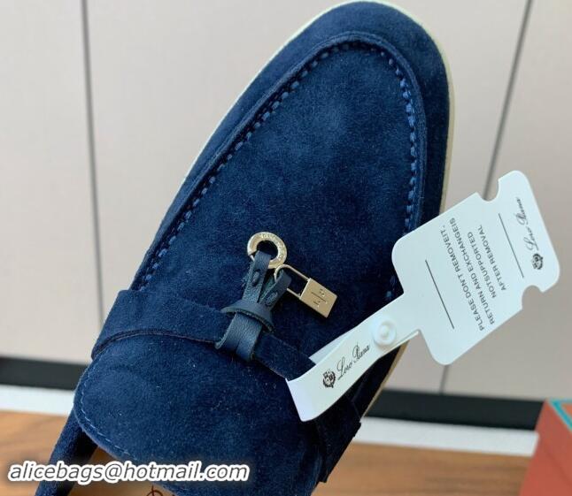 Leisure Loro Piana Suede Flat Loafers with Charm Deep Blue 0812096