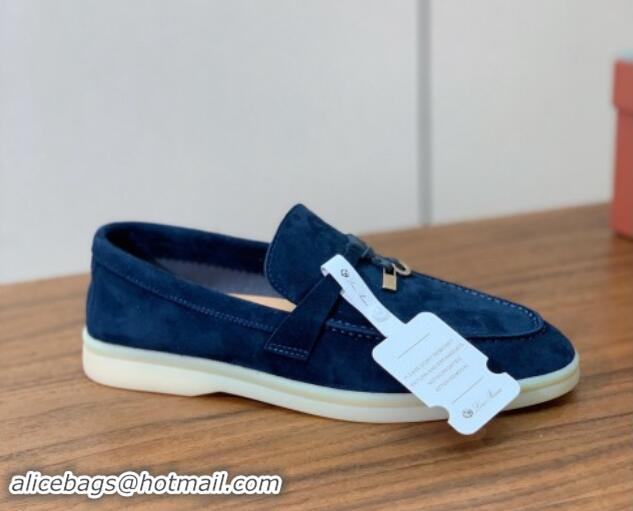 Leisure Loro Piana Suede Flat Loafers with Charm Deep Blue 0812096