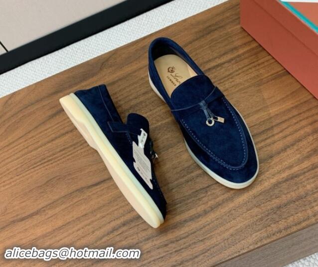 Leisure Loro Piana Suede Flat Loafers with Charm Deep Blue 0812096