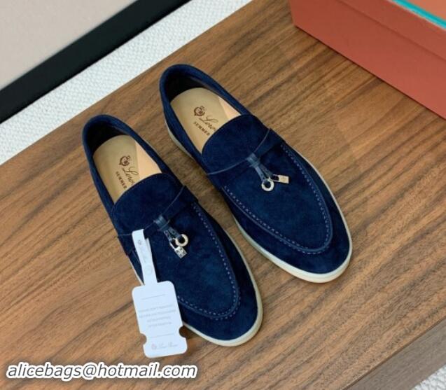 Leisure Loro Piana Suede Flat Loafers with Charm Deep Blue 0812096