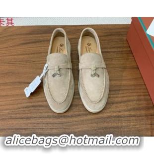 Luxury Loro Piana Suede Flat Loafers with Charm Khaki 0812097