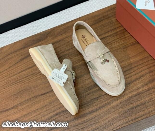 Luxury Loro Piana Suede Flat Loafers with Charm Khaki 0812097