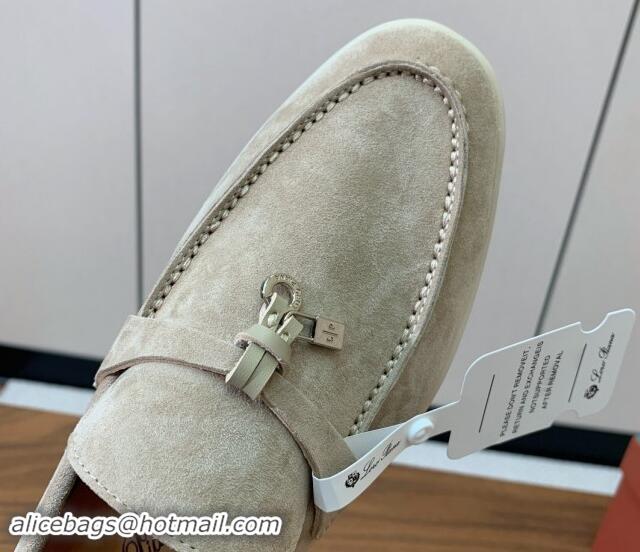 Luxury Loro Piana Suede Flat Loafers with Charm Khaki 0812097