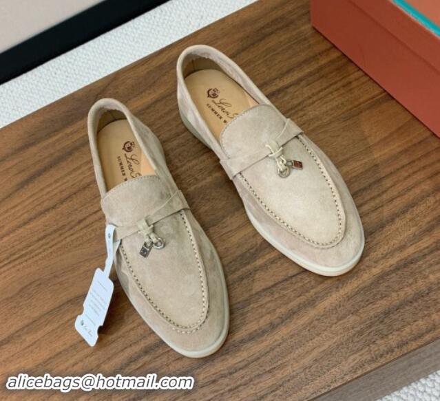 Luxury Loro Piana Suede Flat Loafers with Charm Khaki 0812097