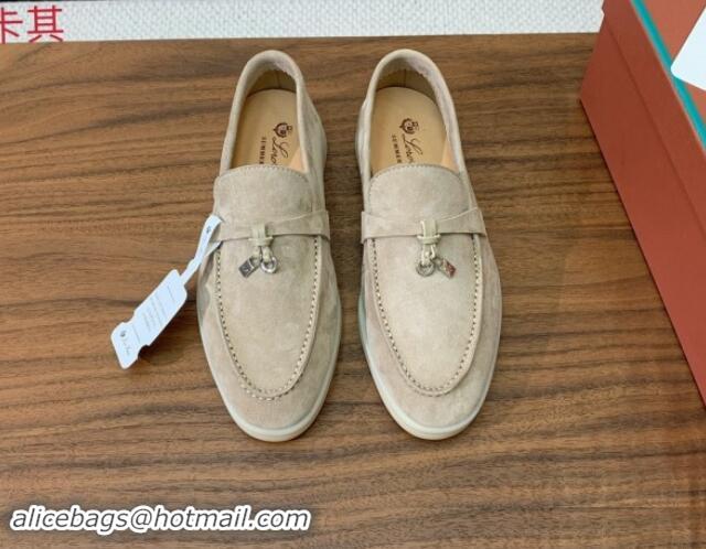 Luxury Loro Piana Suede Flat Loafers with Charm Khaki 0812097