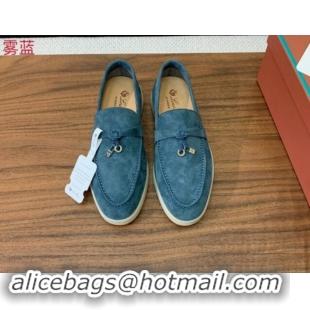 Purchase Loro Piana Suede Flat Loafers with Charm Fog Blue 812098