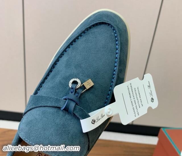 Purchase Loro Piana Suede Flat Loafers with Charm Fog Blue 812098