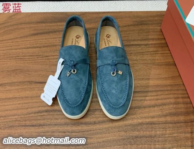 Purchase Loro Piana Suede Flat Loafers with Charm Fog Blue 812098