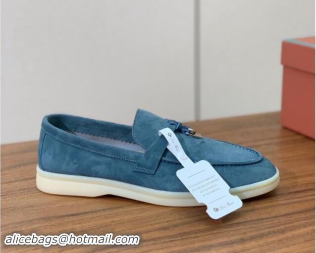 Purchase Loro Piana Suede Flat Loafers with Charm Fog Blue 812098