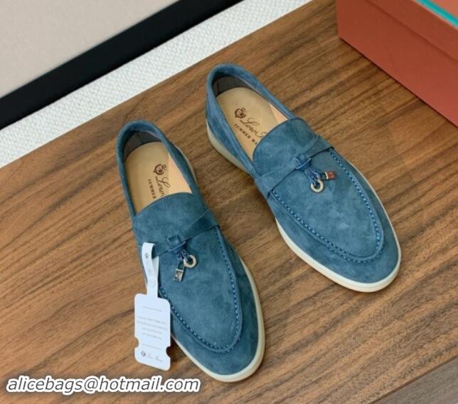 Purchase Loro Piana Suede Flat Loafers with Charm Fog Blue 812098