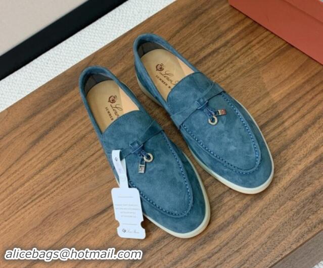 Purchase Loro Piana Suede Flat Loafers with Charm Fog Blue 812098