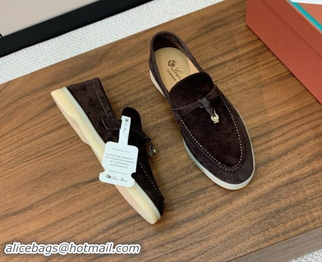 Best Product Loro Piana Suede Flat Loafers with Charm Coffee Brown 812099