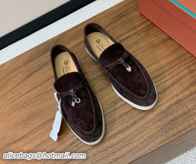 Best Product Loro Piana Suede Flat Loafers with Charm Coffee Brown 812099