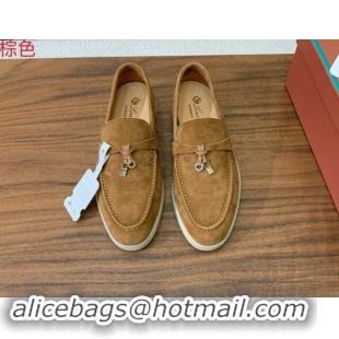 Low Price Loro Piana Suede Flat Loafers with Charm Brown 812100