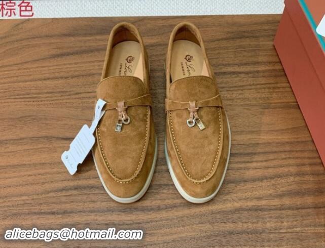 Low Price Loro Piana Suede Flat Loafers with Charm Brown 812100