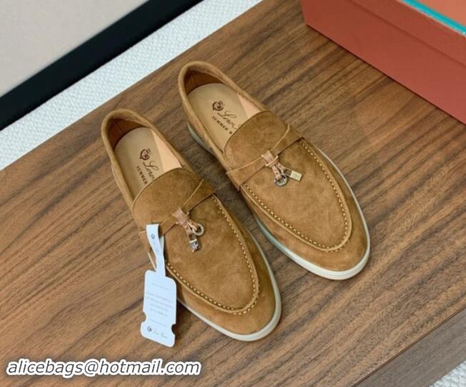 Low Price Loro Piana Suede Flat Loafers with Charm Brown 812100