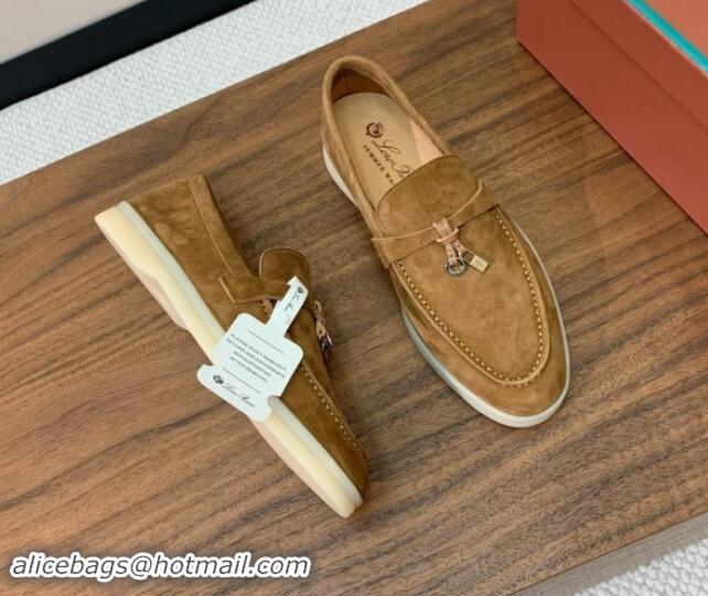 Low Price Loro Piana Suede Flat Loafers with Charm Brown 812100