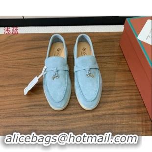 Luxury Loro Piana Suede Flat Loafers with Charm Light Blue 0812101