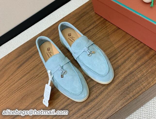 Luxury Loro Piana Suede Flat Loafers with Charm Light Blue 0812101