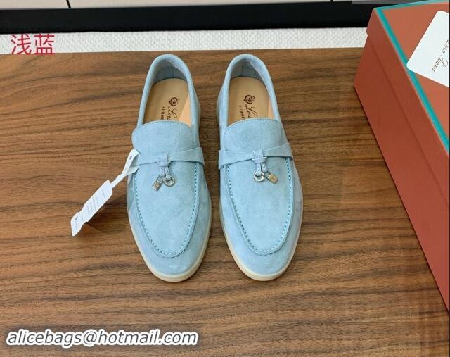 Luxury Loro Piana Suede Flat Loafers with Charm Light Blue 0812101