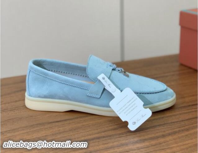 Luxury Loro Piana Suede Flat Loafers with Charm Light Blue 0812101