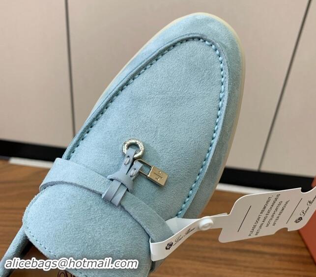 Luxury Loro Piana Suede Flat Loafers with Charm Light Blue 0812101